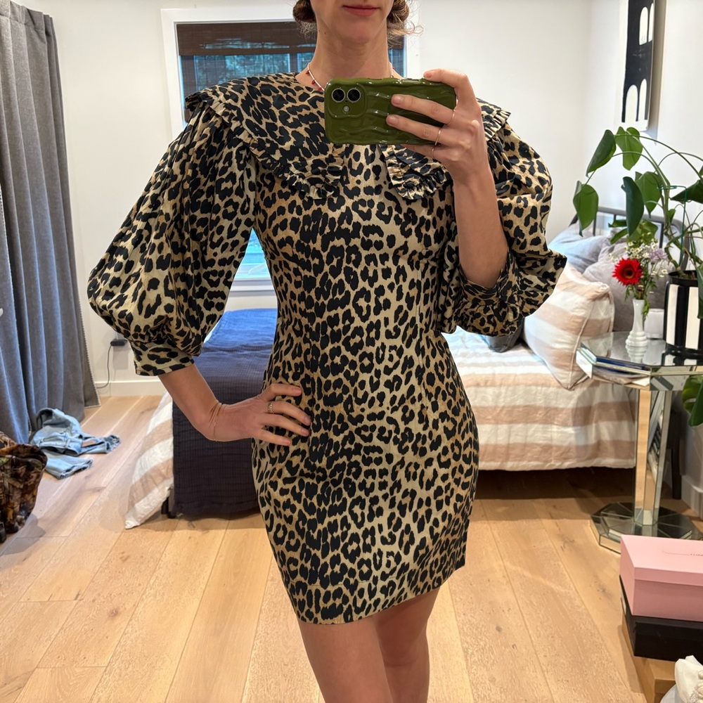 GANNI Leopard Print Puff Sleeve Dress NWT sz32